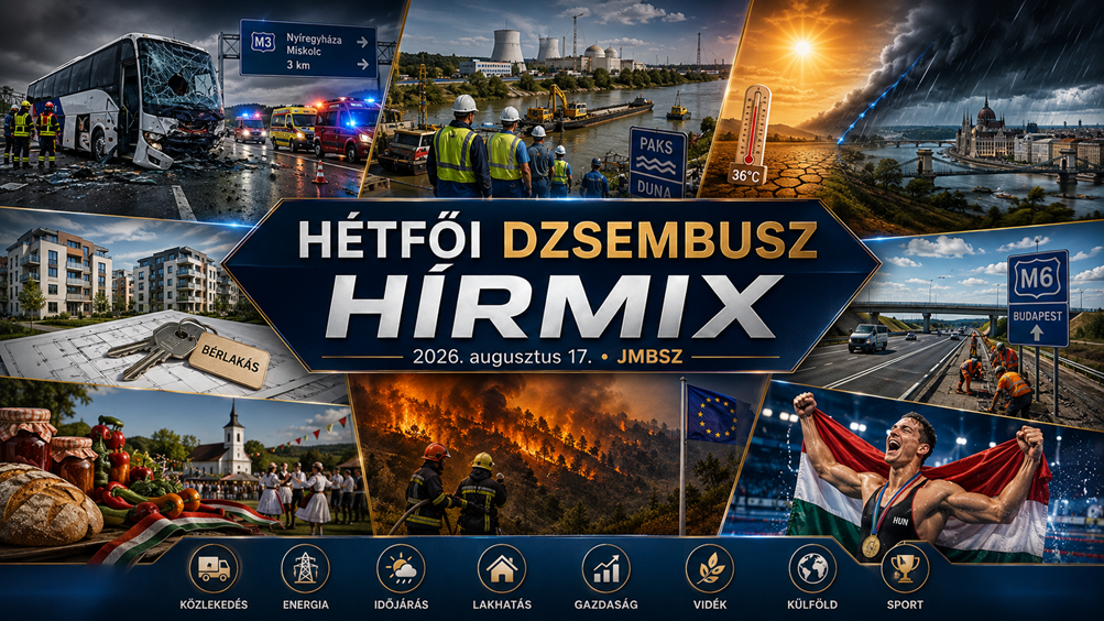 Hétfői JMBSZ Dzsembusz Hírmix 2026. augusztus 17-én, M3-as buszbalesettel, paksi dunai energiabiztonsági munkákkal, hidegfronttal, bérlakásépítéssel, M6-os autópálya-üggyel, erdőtüzekkel, vidéki és kulturális hírekkel, valamint Kós Hubert Európa-bajnoki aranyával.
