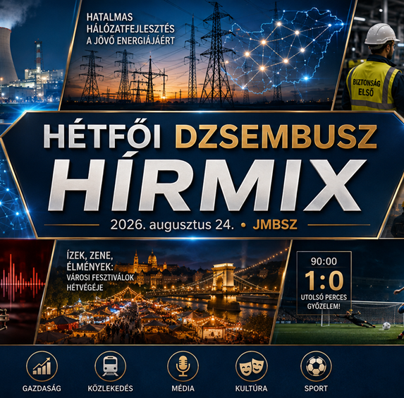 Hétfői JMBSZ Dzsembusz Hírmix 2026. augusztus 24-én, paksi energiabiztonsági hírekkel, 500 milliárdos villamosenergia-hálózati fejlesztéssel, iváncsai munkavédelmi üggyel, mesterséges intelligenciával, szakemberhiánnyal, Kossuth Rádióval, nemzetközi hírekkel és Szoboszlai Dominik sporthírével.
