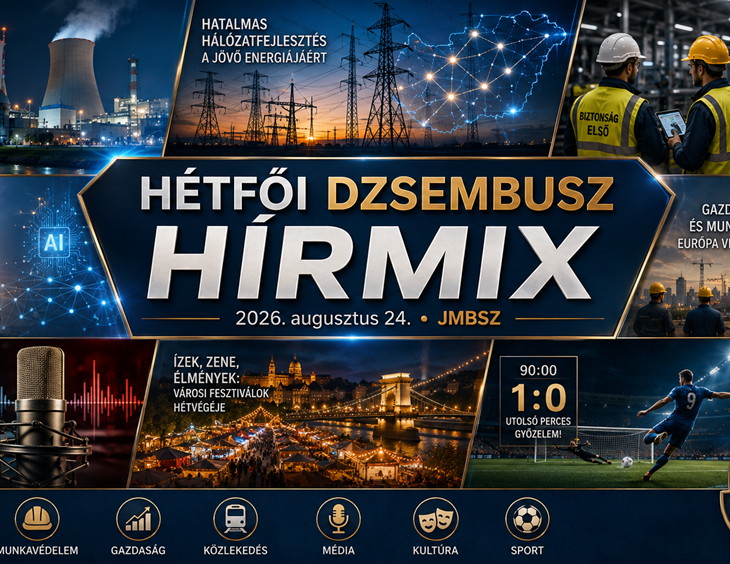 Hétfői JMBSZ Dzsembusz Hírmix 2026. augusztus 24-én, paksi energiabiztonsági hírekkel, 500 milliárdos villamosenergia-hálózati fejlesztéssel, iváncsai munkavédelmi üggyel, mesterséges intelligenciával, szakemberhiánnyal, Kossuth Rádióval, nemzetközi hírekkel és Szoboszlai Dominik sporthírével.