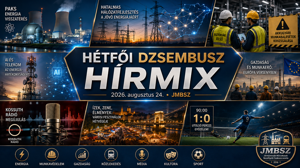 Hétfői JMBSZ Dzsembusz Hírmix 2026. augusztus 24-én, paksi energiabiztonsági hírekkel, 500 milliárdos villamosenergia-hálózati fejlesztéssel, iváncsai munkavédelmi üggyel, mesterséges intelligenciával, szakemberhiánnyal, Kossuth Rádióval, nemzetközi hírekkel és Szoboszlai Dominik sporthírével.