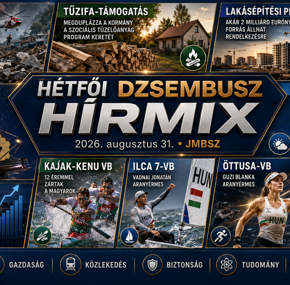 Hétfői JMBSZ Dzsembusz Hírmix 2026. augusztus 31-én, nepáli katasztrófával, állami vagyon-visszaszerzéssel, szociális tüzelőanyag-támogatással, Wekerle Lakásépítési Programmal, budapesti közlekedési hírekkel, NASA-űrteleszkóppal és magyar világbajnoki sportsikerekkel.