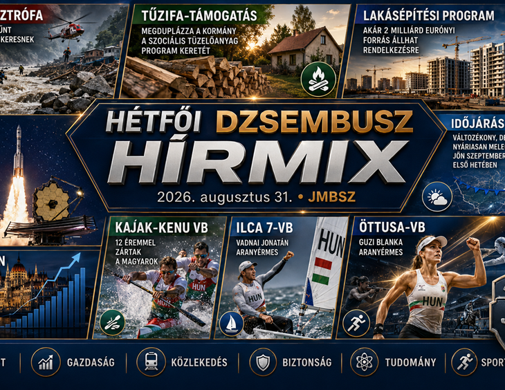 Hétfői JMBSZ Dzsembusz Hírmix 2026. augusztus 31-én, nepáli katasztrófával, állami vagyon-visszaszerzéssel, szociális tüzelőanyag-támogatással, Wekerle Lakásépítési Programmal, budapesti közlekedési hírekkel, NASA-űrteleszkóppal és magyar világbajnoki sportsikerekkel.