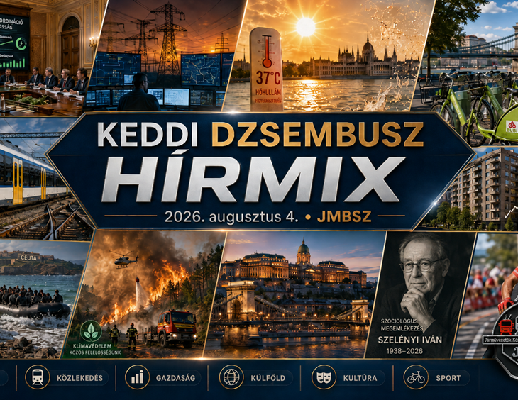 Keddi JMBSZ Dzsembusz Hírmix 2026. augusztus 4-én, energiatakarékossággal, hőhullámmal, közlekedési fejlesztésekkel, Mol Bubi 3.0-val, zalaszentiváni vasúti beruházással, lakáspiaci hírekkel, Ceuta-válsággal, erdőtűzzel, Szelényi Iván megemlékezéssel és sporthírrel.