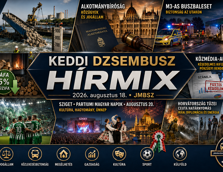 Keddi JMBSZ Dzsembusz Hírmix 2026. augusztus 18-án, paksi dunai vízügyi és energiabiztonsági munkákkal, alkotmánybírósági hírekkel, M3-as buszbalesettel, tűzifa-áfacsökkentéssel, közmédia-átvilágítással, Fradiváros-üggyel, Sziget Fesztivállal, horvátországi tűzesetekkel és nemzetközi hírekkel.