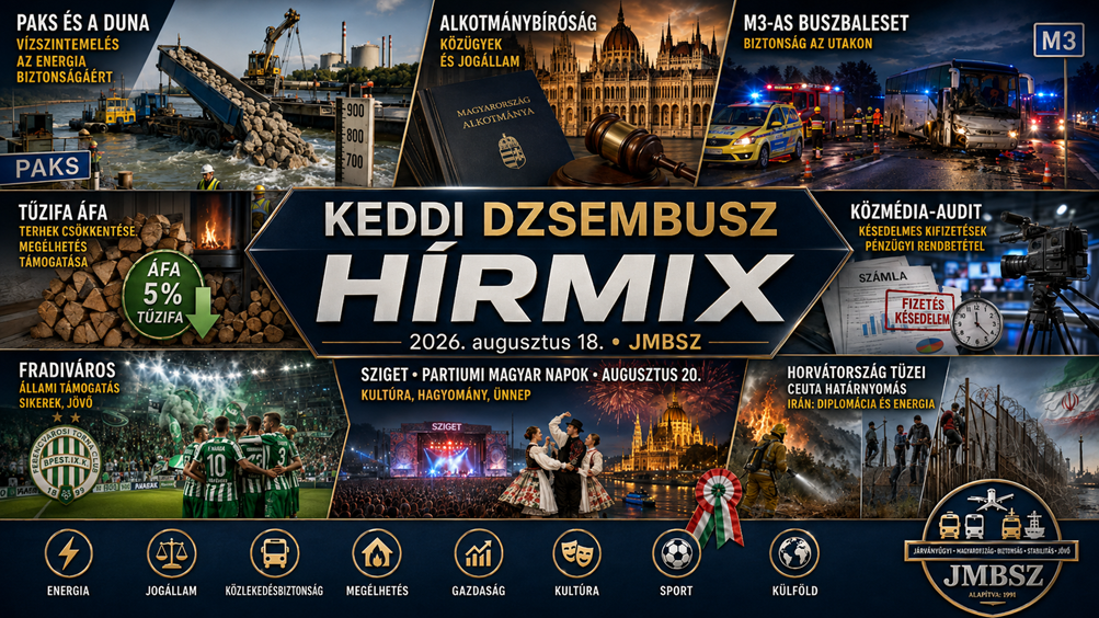 Keddi JMBSZ Dzsembusz Hírmix 2026. augusztus 18-án, paksi dunai vízügyi és energiabiztonsági munkákkal, alkotmánybírósági hírekkel, M3-as buszbalesettel, tűzifa-áfacsökkentéssel, közmédia-átvilágítással, Fradiváros-üggyel, Sziget Fesztivállal, horvátországi tűzesetekkel és nemzetközi hírekkel.