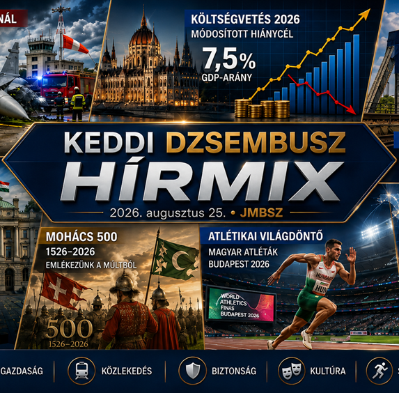 Keddi JMBSZ Dzsembusz Hírmix 2026. augusztus 25-én, Gripen-balesettel, költségvetési hírekkel, Gubacsi híd felújításával, NVVH-közéleti témával, Mohács 500 megemlékezéssel, atlétikai Világdöntővel és nemzetközi hírekkel.