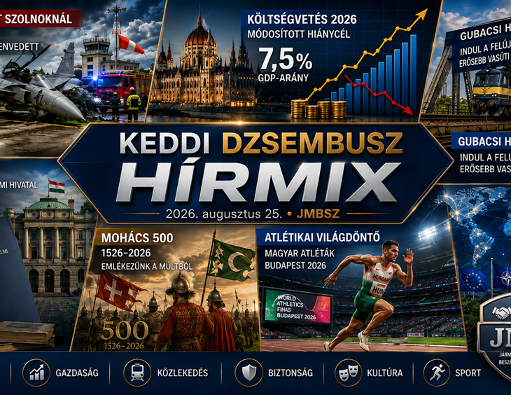 Keddi JMBSZ Dzsembusz Hírmix 2026. augusztus 25-én, Gripen-balesettel, költségvetési hírekkel, Gubacsi híd felújításával, NVVH-közéleti témával, Mohács 500 megemlékezéssel, atlétikai Világdöntővel és nemzetközi hírekkel.