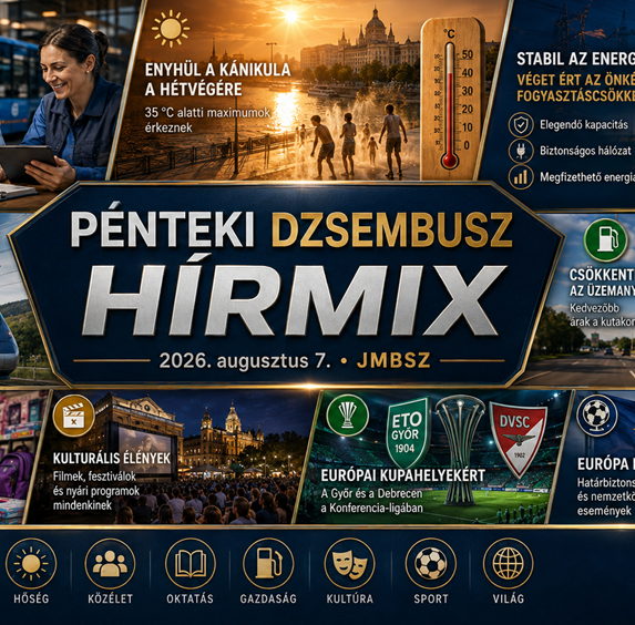 Pénteki JMBSZ Dzsembusz Hírmix 2026. augusztus 7-én, BKV-s fizetésnappal, hőség enyhülésével, energiaellátási hírekkel, Budapest–Belgrád vasútfejlesztéssel, üzemanyagár-csökkenéssel, iskolakezdési támogatással, kulturális eseményekkel, európai kupafocival és nemzetközi hírekkel.
