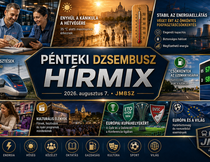 Pénteki JMBSZ Dzsembusz Hírmix 2026. augusztus 7-én, BKV-s fizetésnappal, hőség enyhülésével, energiaellátási hírekkel, Budapest–Belgrád vasútfejlesztéssel, üzemanyagár-csökkenéssel, iskolakezdési támogatással, kulturális eseményekkel, európai kupafocival és nemzetközi hírekkel.