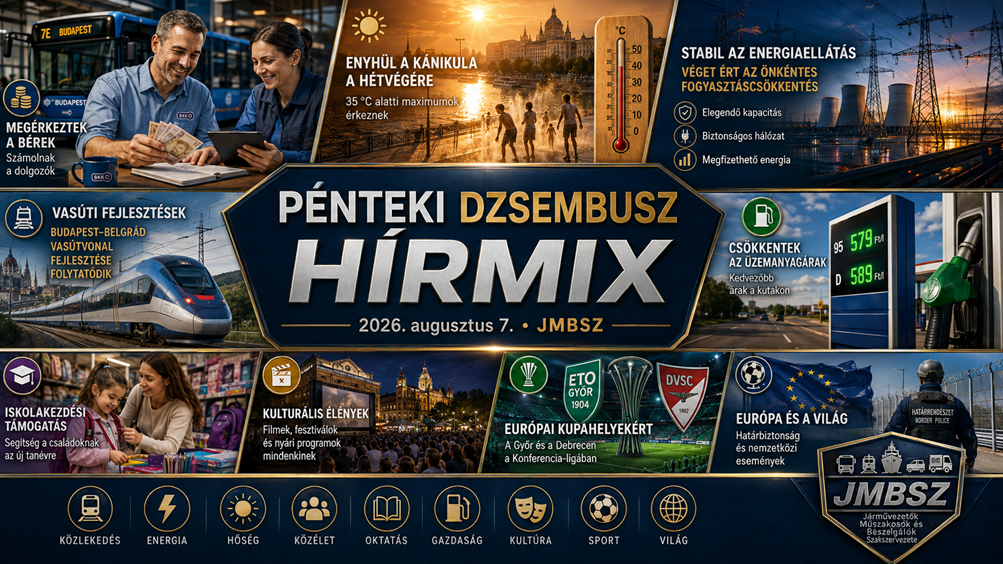 Pénteki JMBSZ Dzsembusz Hírmix 2026. augusztus 7-én, BKV-s fizetésnappal, hőség enyhülésével, energiaellátási hírekkel, Budapest–Belgrád vasútfejlesztéssel, üzemanyagár-csökkenéssel, iskolakezdési támogatással, kulturális eseményekkel, európai kupafocival és nemzetközi hírekkel.