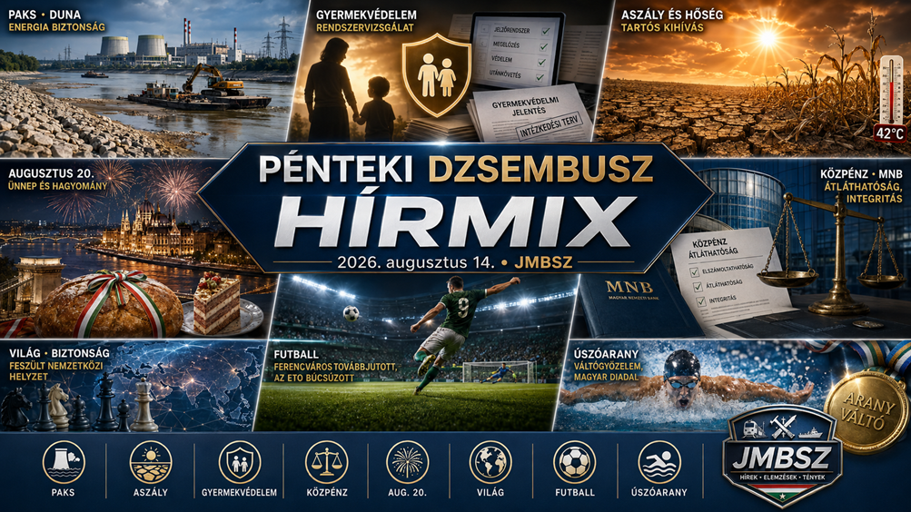 Pénteki JMBSZ Dzsembusz Hírmix 2026. augusztus 14-én Paks és a Duna energiabiztonsági helyzetével, gyermekvédelmi rendszervizsgálattal, aszállyal és hőséggel, közpénzügyi és MNB-ügyekkel, augusztus 20-i ünnepi programokkal, nemzetközi hírekkel, magyar futballsikerekkel és Európa-bajnok úszókkal.