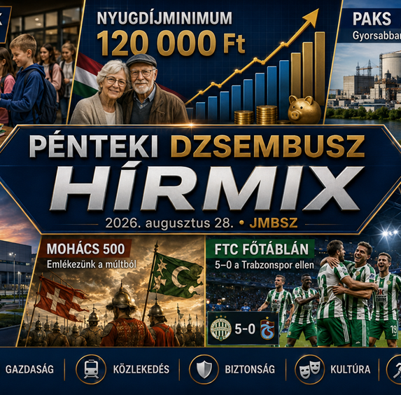 Pénteki JMBSZ Dzsembusz Hírmix 2026. augusztus 28-án, 120 ezer forintos nyugdíjminimummal, paksi munkálatokkal, debreceni CATL-gyárral, rászoruló gyermekek tanszercsomagjaival, Mohács 500 emlékévvel, Ferencváros Európa-liga-főtáblával és Bajnokok Ligája hírekkel.