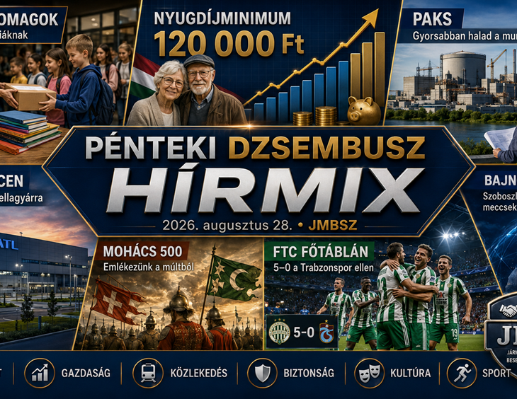 Pénteki JMBSZ Dzsembusz Hírmix 2026. augusztus 28-án, 120 ezer forintos nyugdíjminimummal, paksi munkálatokkal, debreceni CATL-gyárral, rászoruló gyermekek tanszercsomagjaival, Mohács 500 emlékévvel, Ferencváros Európa-liga-főtáblával és Bajnokok Ligája hírekkel.