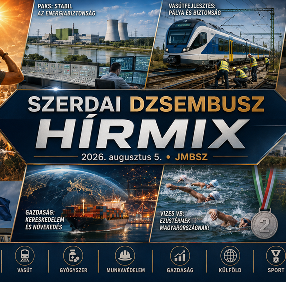 Szerdai JMBSZ Dzsembusz Hírmix 2026. augusztus 5-én, hőségriadóval, 40 fokos kánikulával, paksi energiahelyzettel, vasútfejlesztéssel, vényköteles gyógyszerek áfamentességével, akkugyárak ellenőrzésével, külpolitikai és gazdasági hírekkel, valamint magyar nyíltvízi úszó ezüstérmekkel.