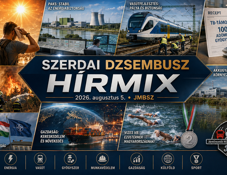 Szerdai JMBSZ Dzsembusz Hírmix 2026. augusztus 5-én, hőségriadóval, 40 fokos kánikulával, paksi energiahelyzettel, vasútfejlesztéssel, vényköteles gyógyszerek áfamentességével, akkugyárak ellenőrzésével, külpolitikai és gazdasági hírekkel, valamint magyar nyíltvízi úszó ezüstérmekkel.