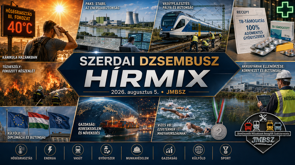 Szerdai JMBSZ Dzsembusz Hírmix 2026. augusztus 5-én, hőségriadóval, 40 fokos kánikulával, paksi energiahelyzettel, vasútfejlesztéssel, vényköteles gyógyszerek áfamentességével, akkugyárak ellenőrzésével, külpolitikai és gazdasági hírekkel, valamint magyar nyíltvízi úszó ezüstérmekkel.
