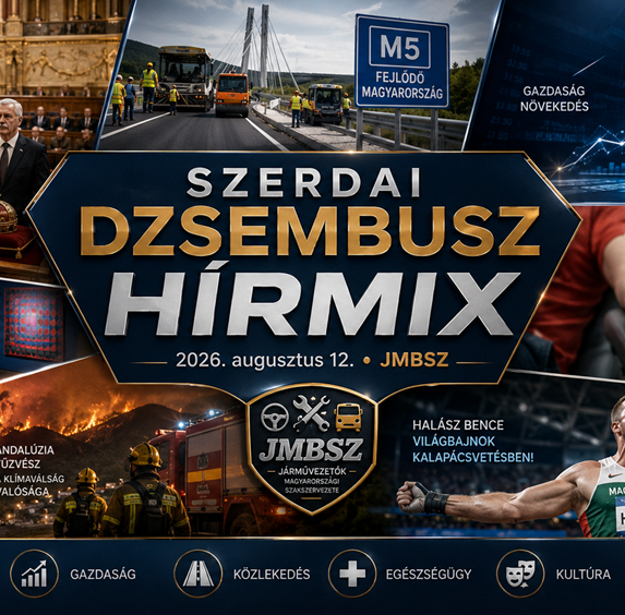 Szerdai JMBSZ Dzsembusz Hírmix 2026. augusztus 12-én, Baka András köztársasági elnökké választásával, útfelújításokkal, gazdasági és munkaerőpiaci hírekkel, véradási felhívással, Vasarely-kiállítással, andalúziai erdőtűzzel és Halász Bence Európa-bajnoki aranyérmével.