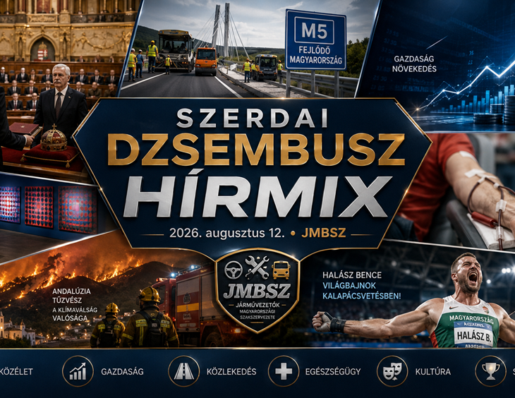 Szerdai JMBSZ Dzsembusz Hírmix 2026. augusztus 12-én, Baka András köztársasági elnökké választásával, útfelújításokkal, gazdasági és munkaerőpiaci hírekkel, véradási felhívással, Vasarely-kiállítással, andalúziai erdőtűzzel és Halász Bence Európa-bajnoki aranyérmével.