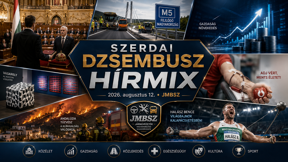 Szerdai JMBSZ Dzsembusz Hírmix 2026. augusztus 12-én, Baka András köztársasági elnökké választásával, útfelújításokkal, gazdasági és munkaerőpiaci hírekkel, véradási felhívással, Vasarely-kiállítással, andalúziai erdőtűzzel és Halász Bence Európa-bajnoki aranyérmével.