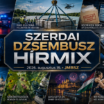 Szerdai JMBSZ Dzsembusz Hírmix 2026. augusztus 19-én, M3-as buszbalesettel, paksi dunai energiabiztonsági munkákkal, közpénzügyi és 4iG-vizsgálatokkal, közmédia-megújulással, akadálymentes bankkártyás fizetéssel, roamingadatokkal, szőlőbetegséggel, augusztus 20-i ünnepi programokkal és női kosárlabda-vb hírekkel.