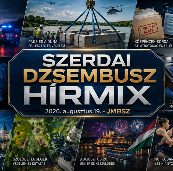 Szerdai JMBSZ Dzsembusz Hírmix 2026. augusztus 19-én, M3-as buszbalesettel, paksi dunai energiabiztonsági munkákkal, közpénzügyi és 4iG-vizsgálatokkal, közmédia-megújulással, akadálymentes bankkártyás fizetéssel, roamingadatokkal, szőlőbetegséggel, augusztus 20-i ünnepi programokkal és női kosárlabda-vb hírekkel.