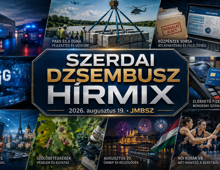 Szerdai JMBSZ Dzsembusz Hírmix 2026. augusztus 19-én, M3-as buszbalesettel, paksi dunai energiabiztonsági munkákkal, közpénzügyi és 4iG-vizsgálatokkal, közmédia-megújulással, akadálymentes bankkártyás fizetéssel, roamingadatokkal, szőlőbetegséggel, augusztus 20-i ünnepi programokkal és női kosárlabda-vb hírekkel.