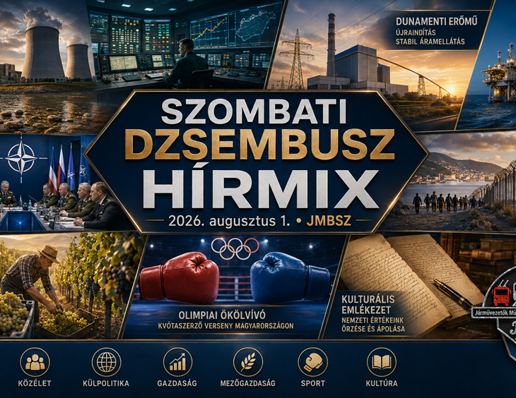 Szombati JMBSZ Dzsembusz Hírmix 2026. augusztus 1-jén, paksi energiahelyzettel, Duna-vízhiánnyal, Dunamenti Erőművel, MOL Aphrodité gázmezővel, NATO-parancsnoksággal, ceutai határhelyzettel, dél-balatoni szürettel, olimpiai ökölvívó kvalifikációval és kulturális emlékezettel.