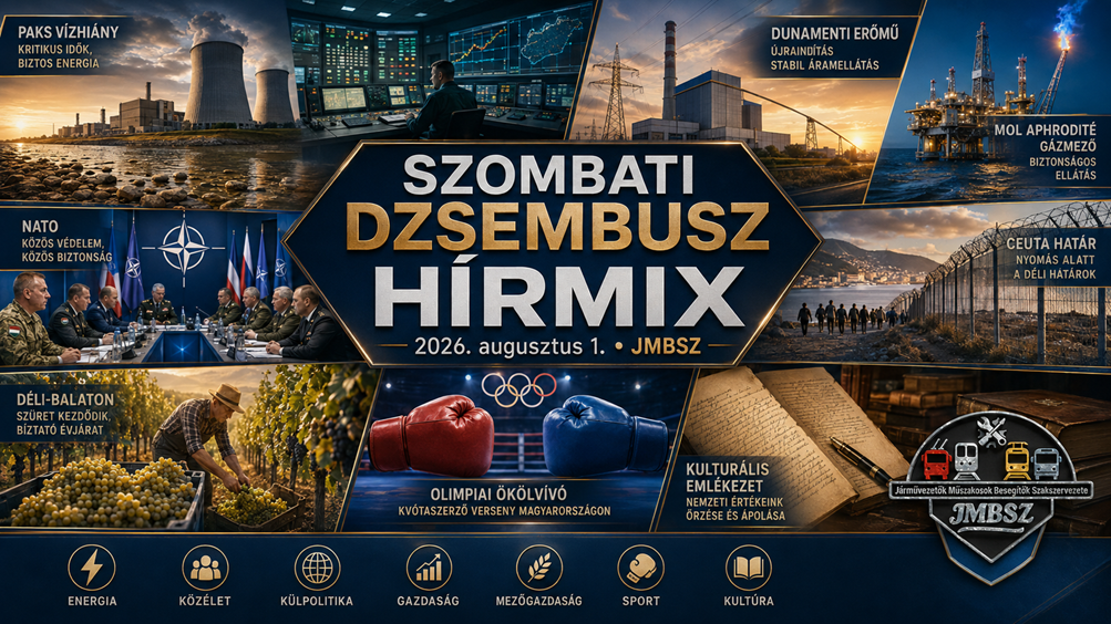 Szombati JMBSZ Dzsembusz Hírmix 2026. augusztus 1-jén, paksi energiahelyzettel, Duna-vízhiánnyal, Dunamenti Erőművel, MOL Aphrodité gázmezővel, NATO-parancsnoksággal, ceutai határhelyzettel, dél-balatoni szürettel, olimpiai ökölvívó kvalifikációval és kulturális emlékezettel.