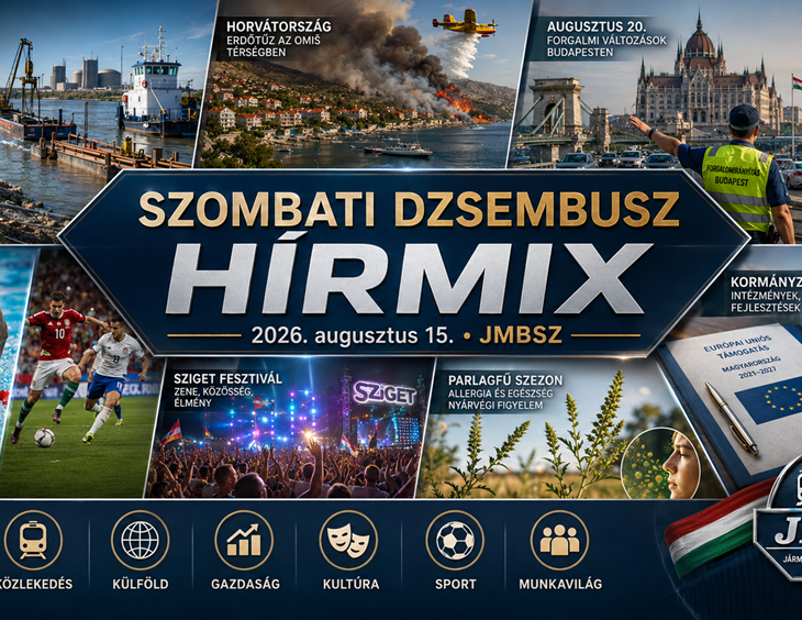 Szombati JMBSZ Dzsembusz Hírmix 2026. augusztus 15-én, paksi dunai vízügyi munkákkal, horvátországi erdőtűzzel, augusztus 20-i budapesti forgalomkorlátozásokkal, uniós fejlesztési forrásokkal, Sziget Fesztivállal, parlagfűszezonnal és sporthírekkel.