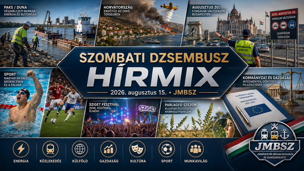 Szombati JMBSZ Dzsembusz Hírmix 2026. augusztus 15-én, paksi dunai vízügyi munkákkal, horvátországi erdőtűzzel, augusztus 20-i budapesti forgalomkorlátozásokkal, uniós fejlesztési forrásokkal, Sziget Fesztivállal, parlagfűszezonnal és sporthírekkel.