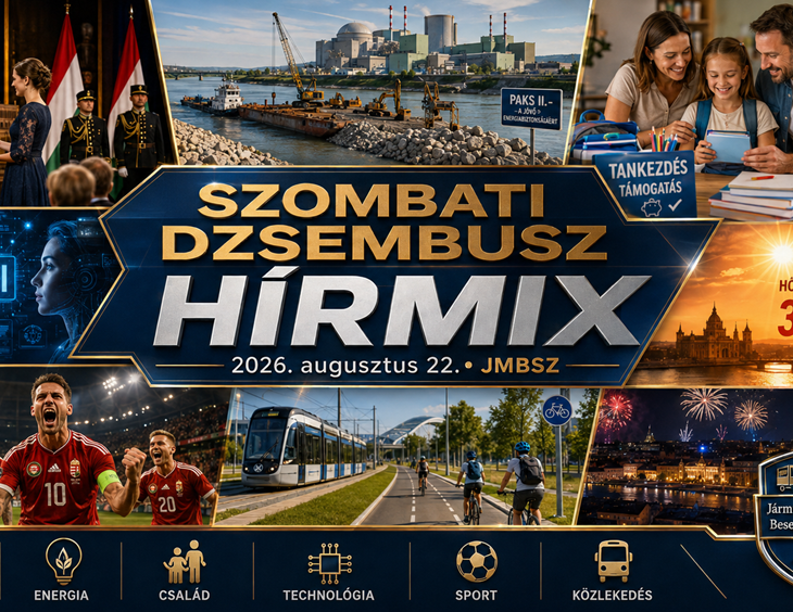 Szombati JMBSZ Dzsembusz Hírmix 2026. augusztus 22-én, paksi energiabiztonsági munkákkal, iskolakezdési támogatással, mesterséges intelligenciával, közlekedésfejlesztéssel, hőséggel, közéleti és sporthírekkel.