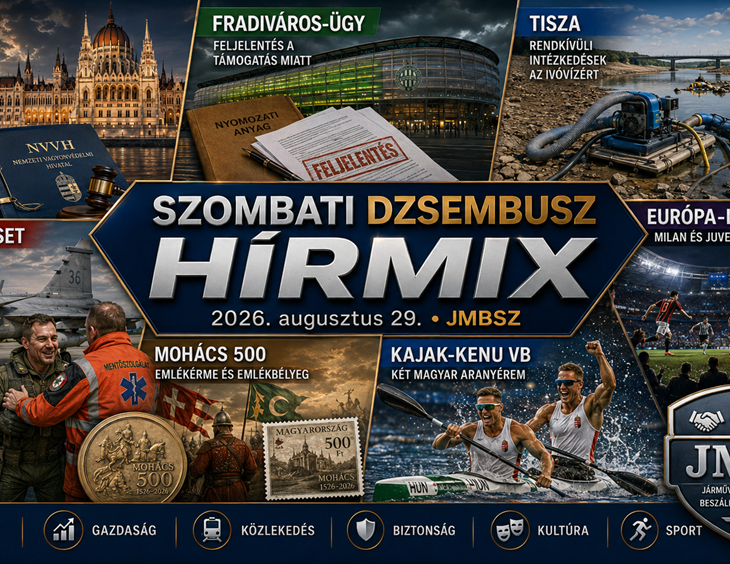 Szombati JMBSZ Dzsembusz Hírmix 2026. augusztus 29-én, NVVH-val, Fradiváros-üggyel, rendkívüli tiszai vízügyi intézkedésekkel, Gripen-pilóta felépülésével, Mohács 500 emlékévvel, kajak-kenu világbajnoki aranyakkal és Ferencváros Európa-liga hírekkel.
