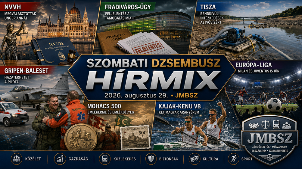 Szombati JMBSZ Dzsembusz Hírmix 2026. augusztus 29-én, NVVH-val, Fradiváros-üggyel, rendkívüli tiszai vízügyi intézkedésekkel, Gripen-pilóta felépülésével, Mohács 500 emlékévvel, kajak-kenu világbajnoki aranyakkal és Ferencváros Európa-liga hírekkel.