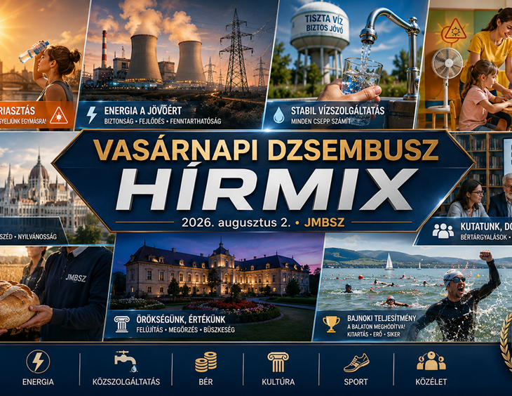 Vasárnapi JMBSZ Dzsembusz Hírmix 2026. augusztus 2-án, hőségriadóval, erős UV-B sugárzással, energiahelyzettel, stabil ivóvízellátással, óvodai és bölcsődei hőségintézkedésekkel, közmédia-üggyel, kutatói bérrendezéssel, Magyarok kenyerével, Teleki-kastéllyal és Balaton-átúszással.