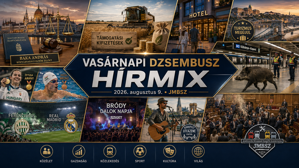 Vasárnapi JMBSZ Dzsembusz Hírmix 2026. augusztus 9-én, Baka András államfőjelölésével, agrártámogatásokkal, turisztikai rendszer átalakításával, vaddisznóval a metrónál, magyar öttusa- és nyíltvízi úszósikerekkel, Fradi–Real Madrid mérkőzéssel, Bródy Dalok Napjával, utcazenei fesztivállal és koszovói parlamenti botránnyal.