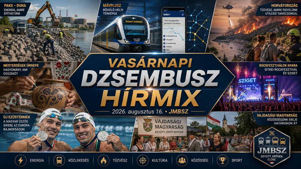Vasárnapi JMBSZ Dzsembusz Hírmix 2026. augusztus 16-án, paksi dunai energiabiztonsági munkákkal, MÁVPlusz közlekedési fejlesztéssel, horvátországi erdőtűzzel, vajdasági magyar közösséggel, Mesterségek Ünnepével, Sziget Fesztivállal és magyar úszósikerekkel.