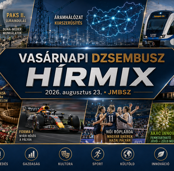 Vasárnapi JMBSZ Dzsembusz Hírmix 2026. augusztus 23-án, paksi atomerőművi újraindítással, villamosenergia-hálózati fejlesztéssel, Budapest–Vác vasútfejlesztéssel, amerikai–kanadai vámvitával, Planetáriummal, népművészettel, magyar akácinnovációval és sporthírekkel.