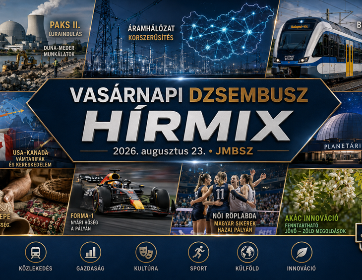 Vasárnapi JMBSZ Dzsembusz Hírmix 2026. augusztus 23-án, paksi atomerőművi újraindítással, villamosenergia-hálózati fejlesztéssel, Budapest–Vác vasútfejlesztéssel, amerikai–kanadai vámvitával, Planetáriummal, népművészettel, magyar akácinnovációval és sporthírekkel.