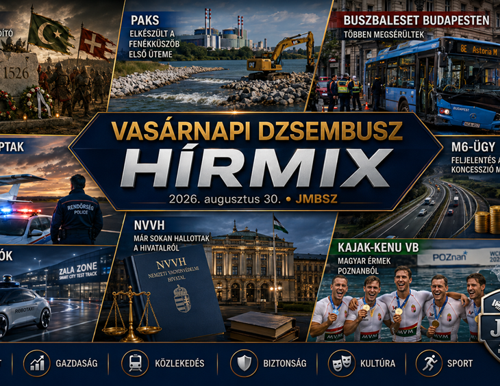 Vasárnapi JMBSZ Dzsembusz Hírmix 2026. augusztus 30-án, Mohács 500 megemlékezéssel, a paksi fenékküszöb első ütemével, budapesti buszbalesettel, kalocsai kisrepülőgép-üggyel, M6-os autópálya-koncessziós feljelentéssel, önvezető autókkal, NVVH-hírrel és magyar kajak-kenu világbajnoki eredményekkel.