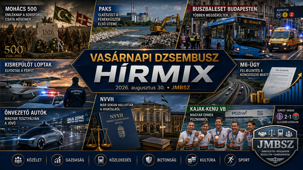 Vasárnapi JMBSZ Dzsembusz Hírmix 2026. augusztus 30-án, Mohács 500 megemlékezéssel, a paksi fenékküszöb első ütemével, budapesti buszbalesettel, kalocsai kisrepülőgép-üggyel, M6-os autópálya-koncessziós feljelentéssel, önvezető autókkal, NVVH-hírrel és magyar kajak-kenu világbajnoki eredményekkel.
