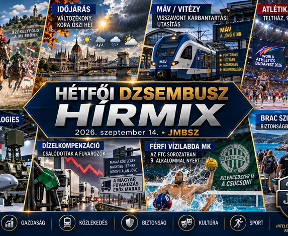 A JMBSZ Dzsembusz Hírmix 2026. szeptember 14-i hétfői 16:9 arányú kiemelt képe, magyarországi közéleti, gazdasági, közlekedési, biztonsági, kulturális és sporthírek vizuális mozaikjával.