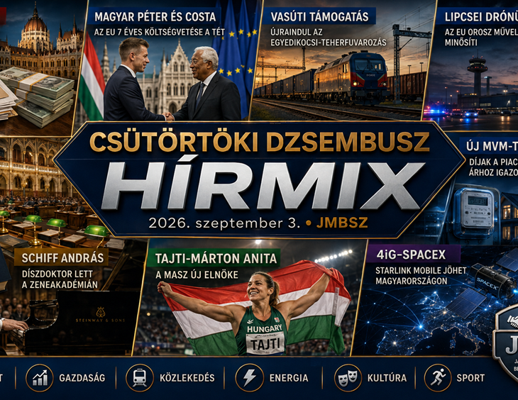 Csütörtöki JMBSZ Dzsembusz Hírmix 2026. szeptember 3-án, kétezer milliárd forintos feljelentési ügycsomaggal, kegyelmi vizsgálóbizottsággal, EU-költségvetési egyeztetéssel, vasúti teherfuvarozási támogatással, új MVM dinamikus tarifával, 4iG–SpaceX Starlink-megállapodással, lipcsei drónüggyel, Schiff András díszdoktori címével és Tajti-Márton Anita MASZ-elnökké választásával.