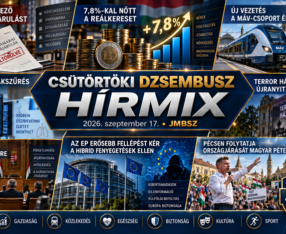 JMBSZ Dzsembusz Hírmix 2026. szeptember 17-re, 16:9 arányú hírmix grafika közéleti, gazdasági, közlekedési, biztonsági, kulturális és sport témákkal.