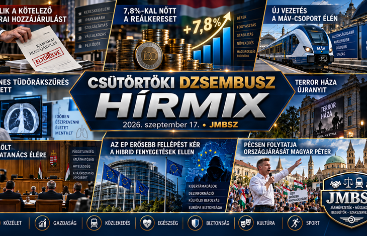 JMBSZ Dzsembusz Hírmix 2026. szeptember 17-re, 16:9 arányú hírmix grafika közéleti, gazdasági, közlekedési, biztonsági, kulturális és sport témákkal.