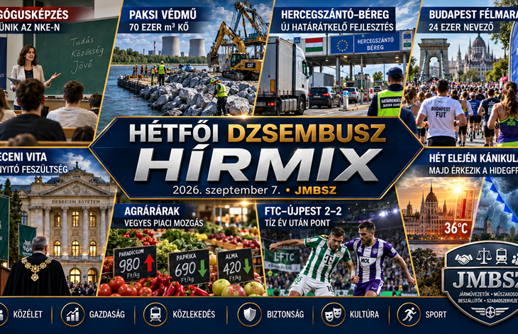 Hétfői JMBSZ Dzsembusz Hírmix 2026. szeptember 7-én pedagógusképzési átalakítással, paksi védműépítéssel, Hercegszántó–Béreg határátkelő-fejlesztéssel, budapesti félmaratonnal, agrárárakkal, FTC–Újpest rangadóval és a hét közepére érkező hidegfronttal.