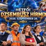 A JMBSZ 2026. szeptember 28-i Hétfői Dzsembusz Hírmixének borítóképe járművezetővel, útépítővel, pedagógussal és rendezvényi dolgozóval, valamint autópályát, oktatást, tudományt, egészségmegőrzést és sportot bemutató jelenetekkel.