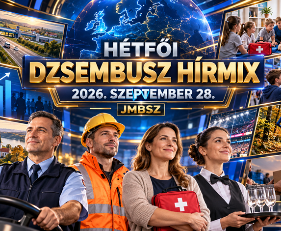 A JMBSZ 2026. szeptember 28-i Hétfői Dzsembusz Hírmixének borítóképe járművezetővel, útépítővel, pedagógussal és rendezvényi dolgozóval, valamint autópályát, oktatást, tudományt, egészségmegőrzést és sportot bemutató jelenetekkel.
