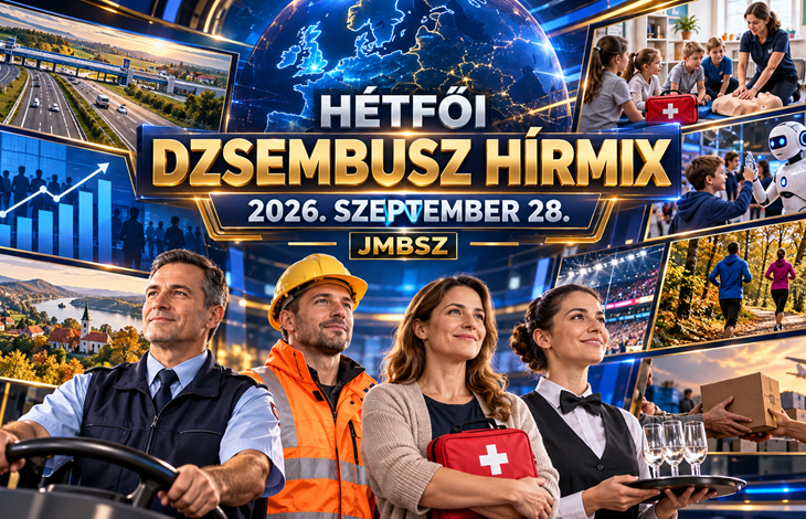 A JMBSZ 2026. szeptember 28-i Hétfői Dzsembusz Hírmixének borítóképe járművezetővel, útépítővel, pedagógussal és rendezvényi dolgozóval, valamint autópályát, oktatást, tudományt, egészségmegőrzést és sportot bemutató jelenetekkel.
