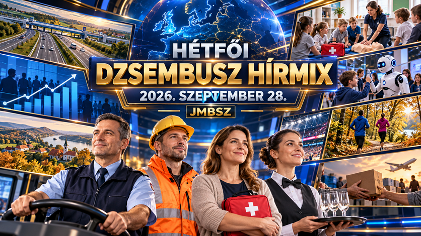A JMBSZ 2026. szeptember 28-i Hétfői Dzsembusz Hírmixének borítóképe járművezetővel, útépítővel, pedagógussal és rendezvényi dolgozóval, valamint autópályát, oktatást, tudományt, egészségmegőrzést és sportot bemutató jelenetekkel.