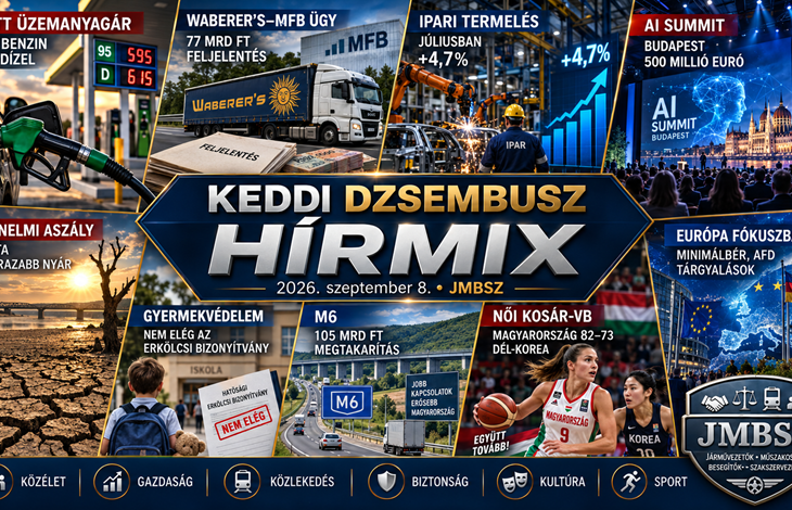 Keddi JMBSZ Dzsembusz Hírmix 2026. szeptember 8-án védett üzemanyagár-javaslattal, Waberer’s–MFB finanszírozási üggyel, ipari termelési növekedéssel, történelmi aszállyal, gyermekvédelmi szigorítással, AI Summittal, európai politikai hírekkel és a magyar női kosárlabda-válogatott világbajnoki továbbjutásával.